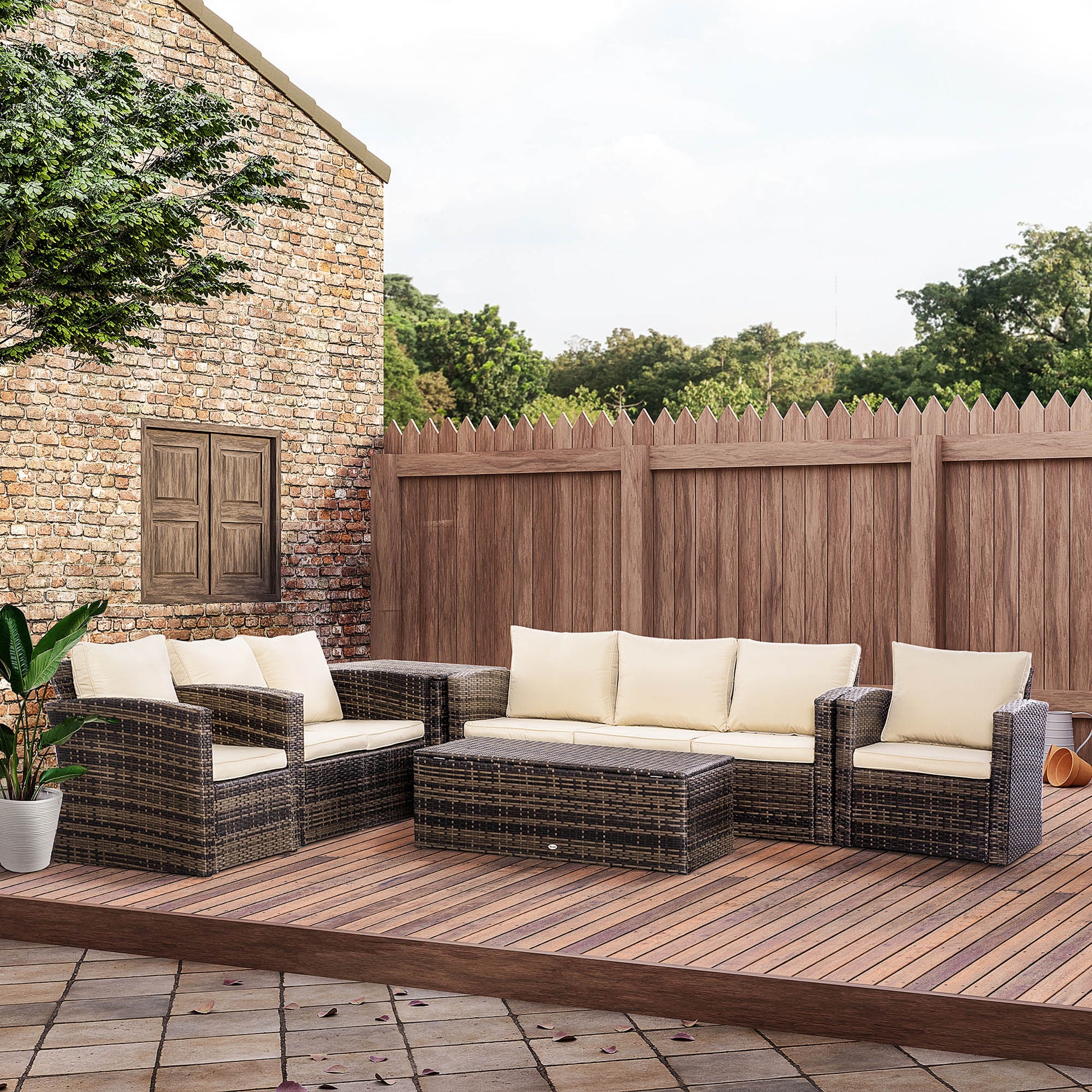 Outsunny Conjunto De Muebles Jardín De Ratán 6 Piezas Con Almacenaje Y Cojines_1