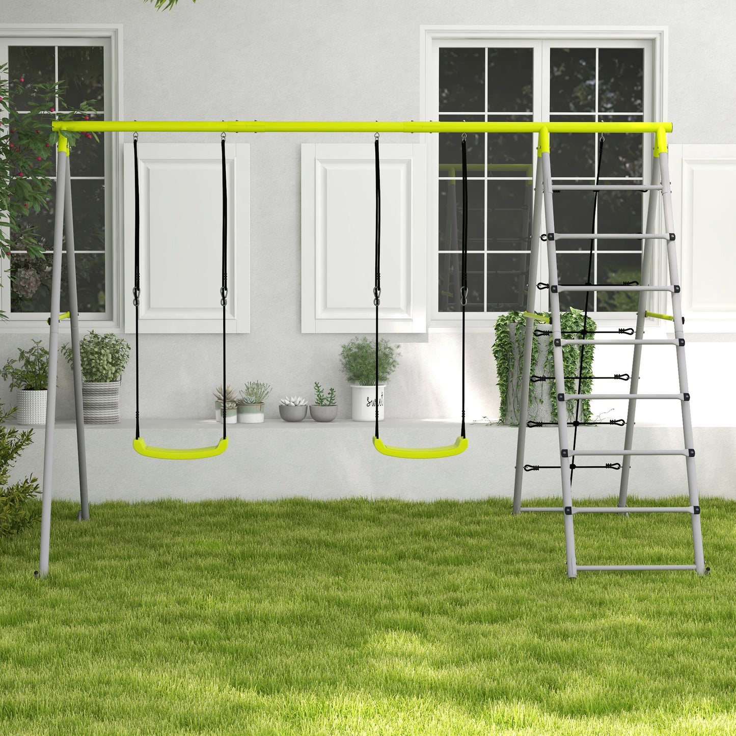 Outsunny Columpio Para Niños 4 En 1 Ajustable 260x185x180 Cm Gris Y Verde_1