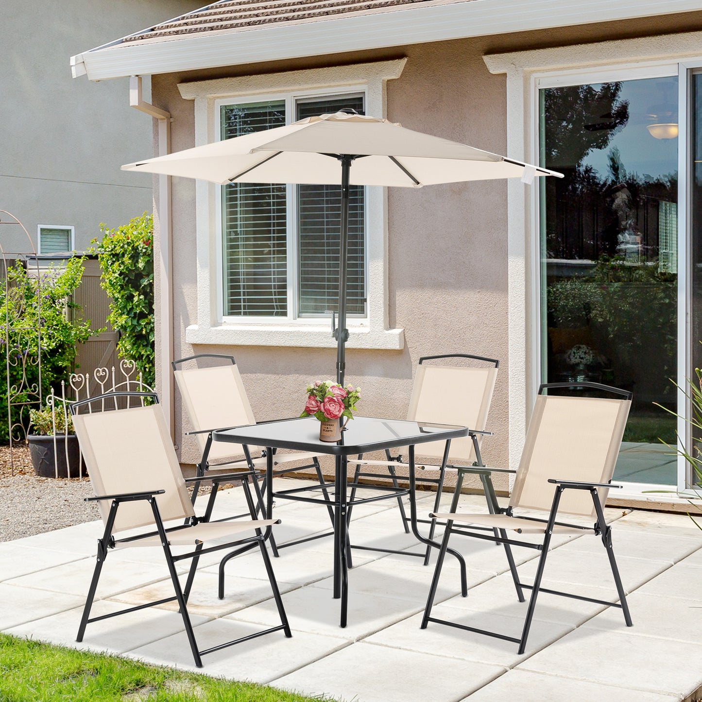 Outsunny Conjunto Muebles Jardín Con 4 Sillas Plegables Mesa Y Sombrilla Beige_1