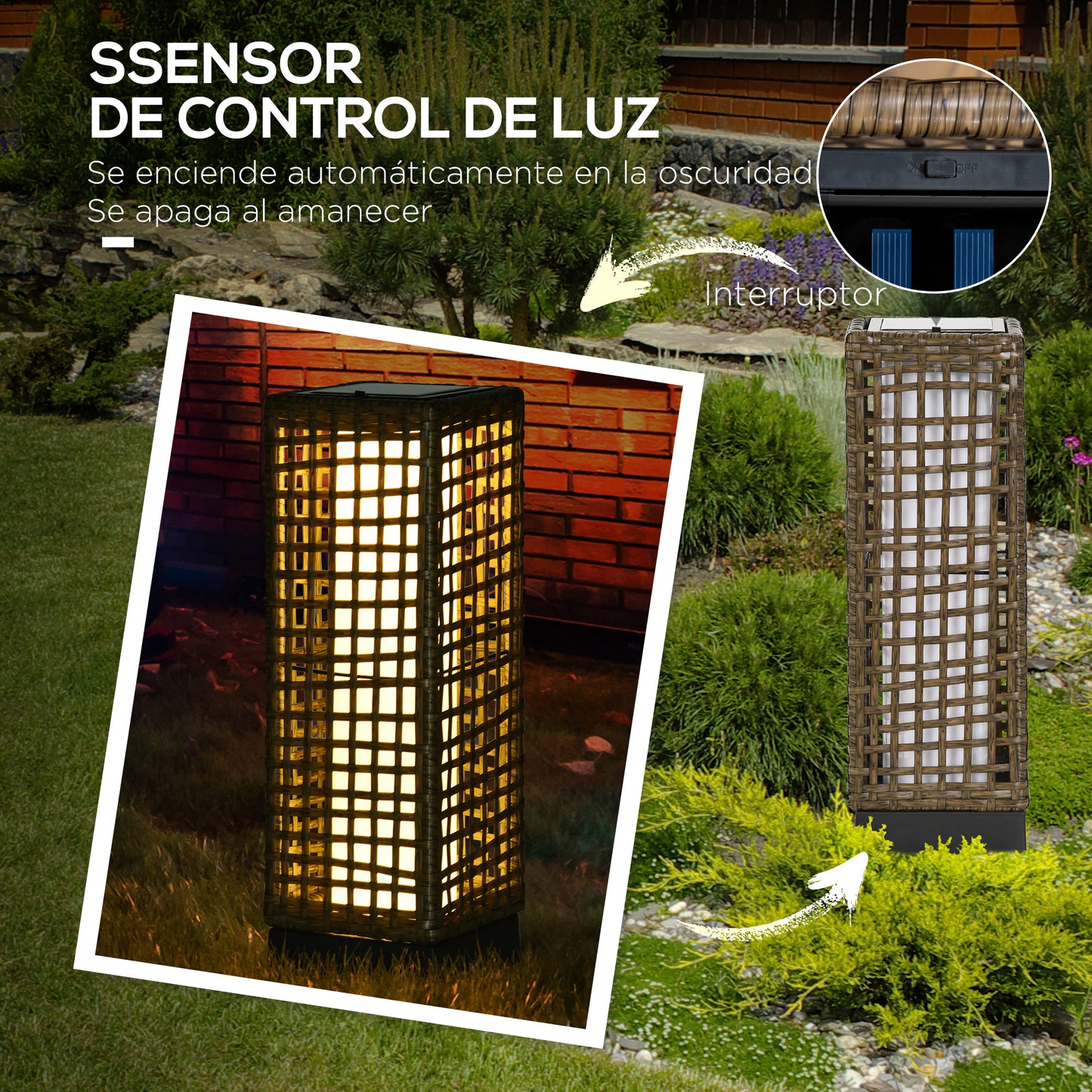 Outsunny Linterna De Jardín De Ratán Sintético Con Luces 15,5x15,5x46 Cm Arena_5