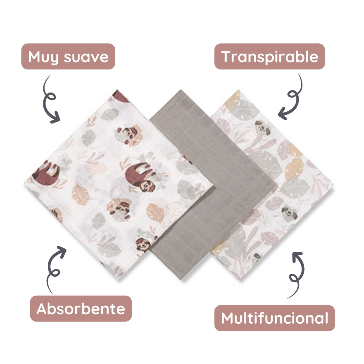 Pack 3 Muselinas Algodón 70x70 Cm Perezoso_2