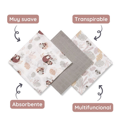 Pack 3 Muselinas Algodón 70x70 Cm Perezoso_2