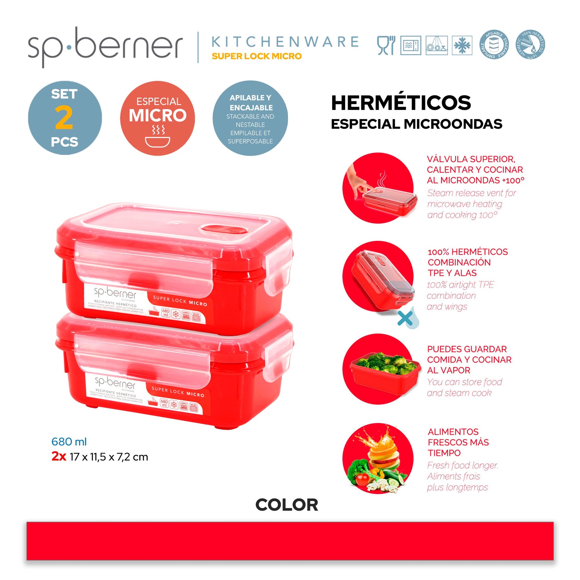 2x Herméticos Super Lock Micro 680 Ml. Aptos Para Cocinar Al Vapor En El Microondas, Ideal Transporte Y Almacenamiento De Alimentos, Cierre Clip_2
