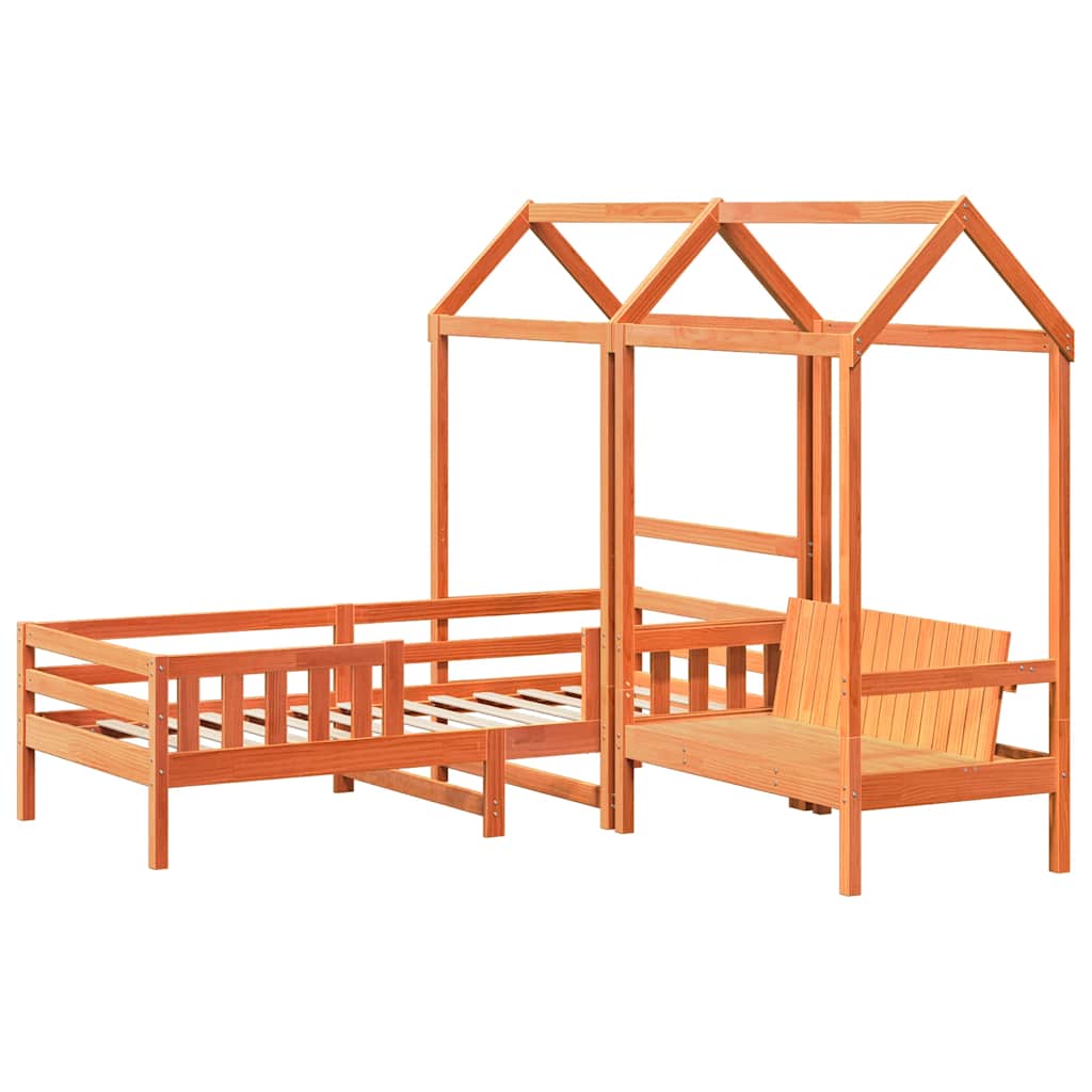 Set De Cama Y Banco Con Techo Madera Pino Marrón Cera 75x190 Cm_2
