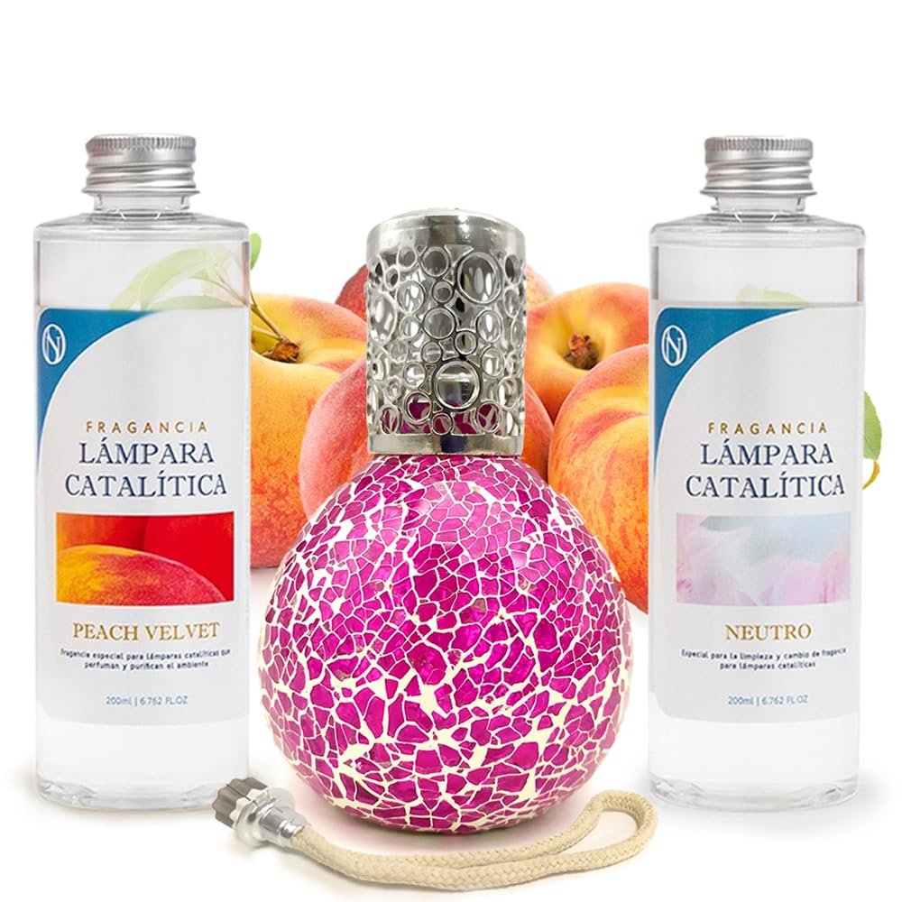 Pack Ahorro Lámpara Catalítica Mosaico Fúcsia + Fragancia Peach Velvet 200ml + Limpiador Neutro 200ml + Mecha Repuesto_0