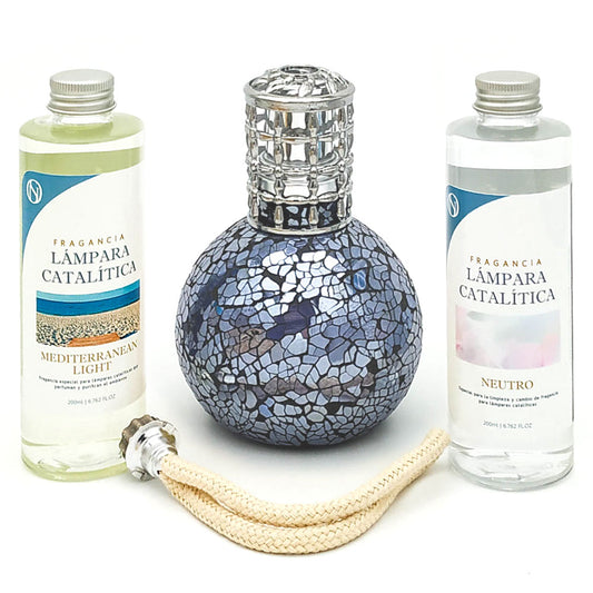 Pack Lámpara Catalítica Mosaico Azul Océano + Fragancia Mediterranean Light 500ml + Limpiador 200ml + Mecha De Repuesto_0