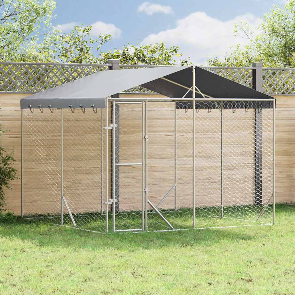 Perrera De Exterior Con Techo Acero Galvanizado Plata 3x3x2,5 M_1