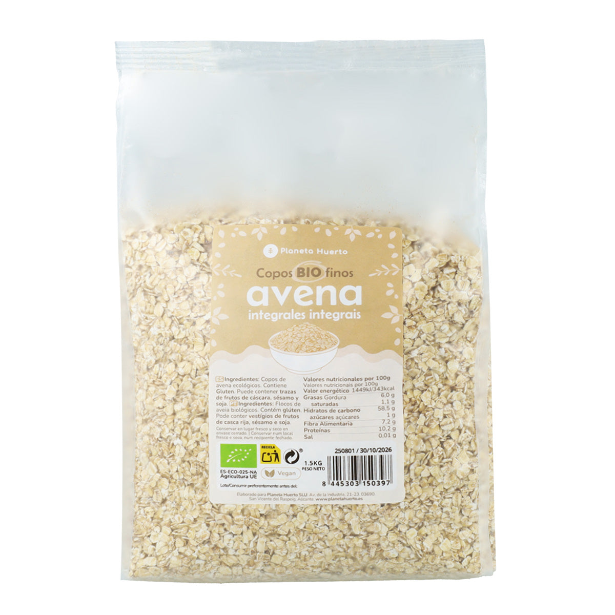 Flocos de Aveia Integrais Finos ECO Planeta Huerto 1,5 kg
