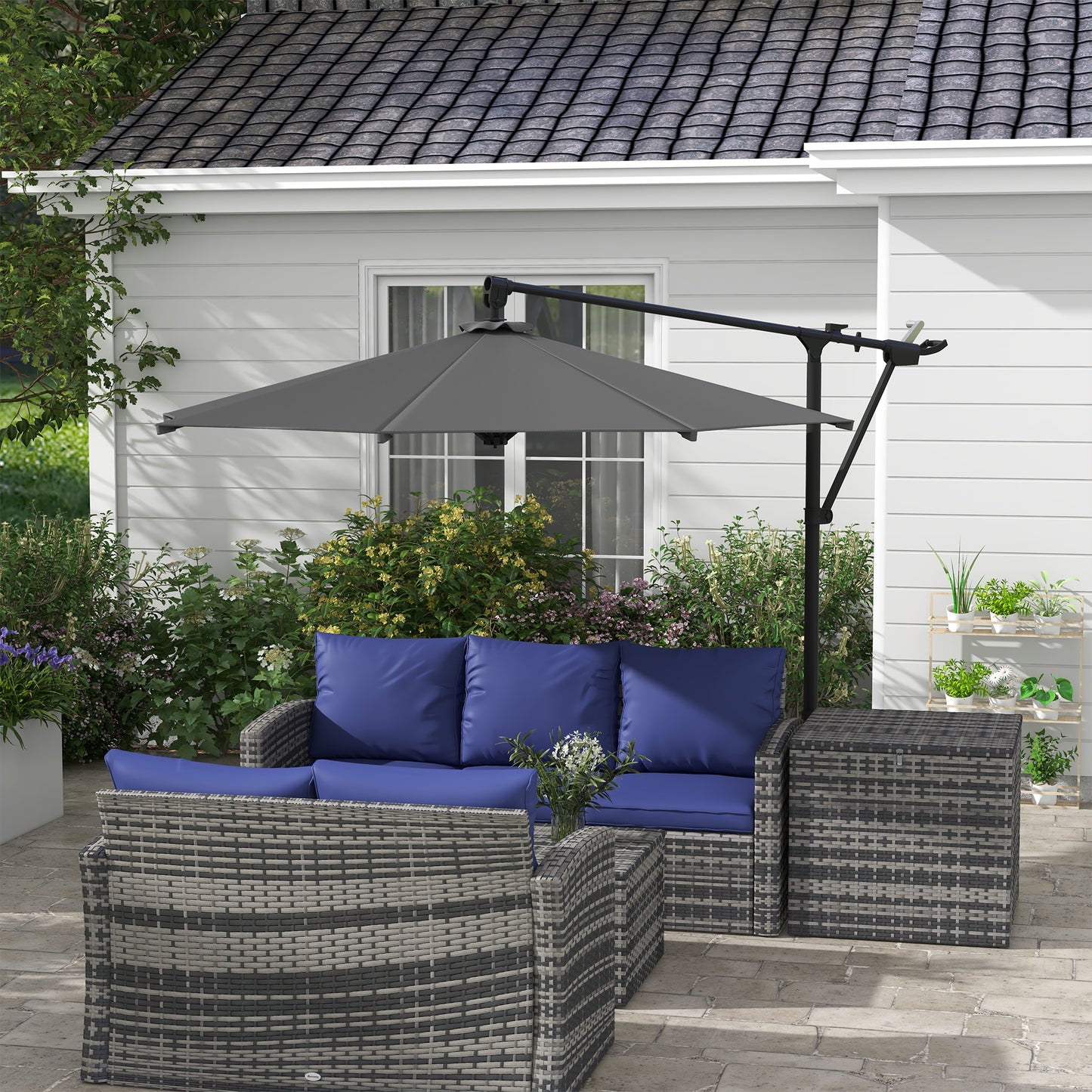 Outsunny Sombrilla De Jardín 3x3 M Giratorio Con Manivela Manual Gris Oscuro_1