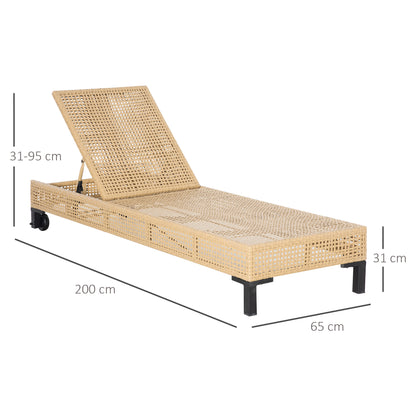 Outsunny Tumbona Ratán Jardín Con Respaldo Ajustable Cojín 2 Ruedas 200x65x31 Cm_2