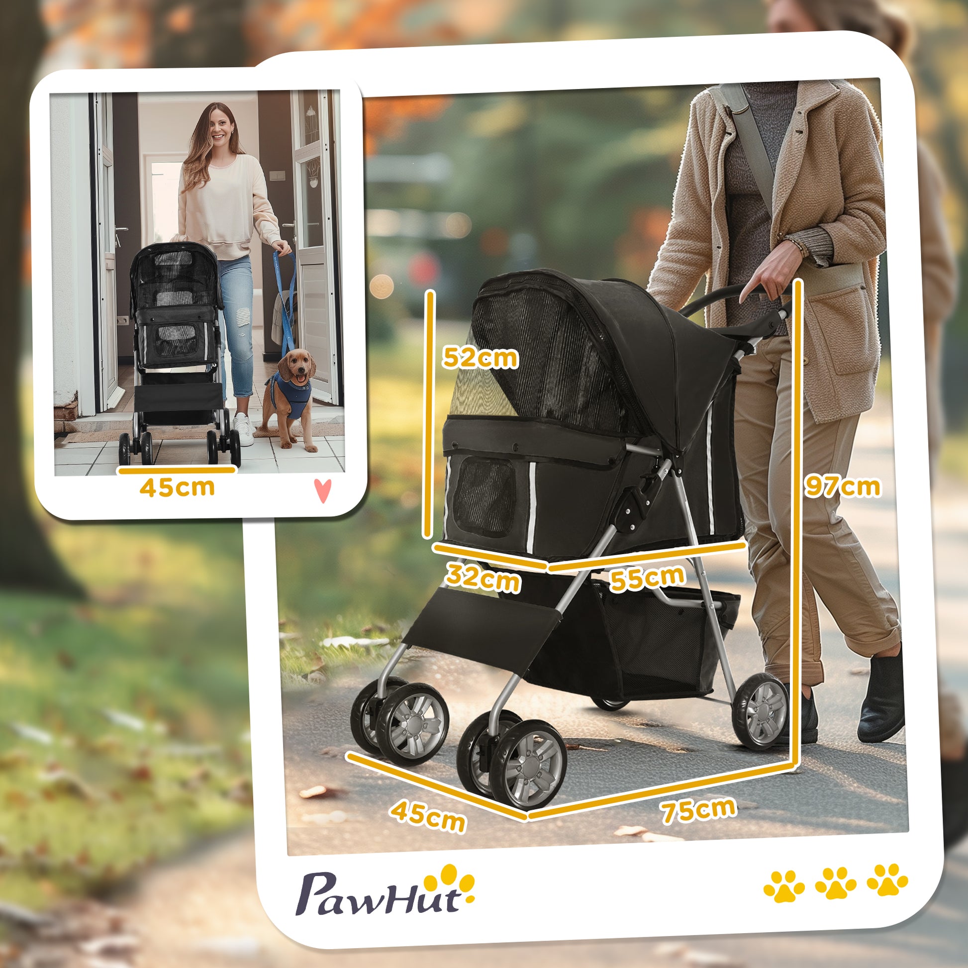 Pawhut Carrito Para Perros Plegable Con Toldo Ajustable 75x45x97 Cm Negro_2