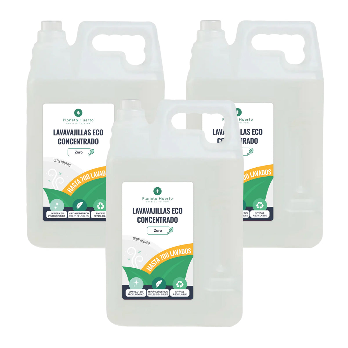 Pack de 3 máquinas de lavar louça manuais hipoalergénicas, sem fragrância, Eco Planeta Huerto, 5L