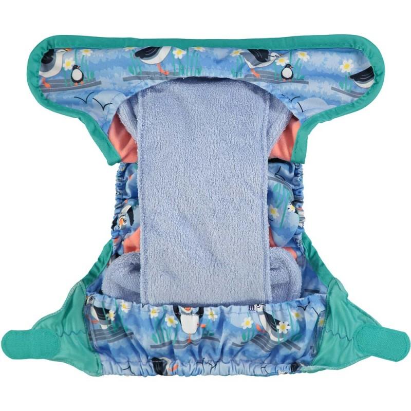 Fralda de pano de bambu com velcro pop-in Blue Puffin Close