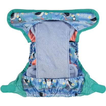Fralda de pano de bambu com velcro pop-in Blue Puffin Close