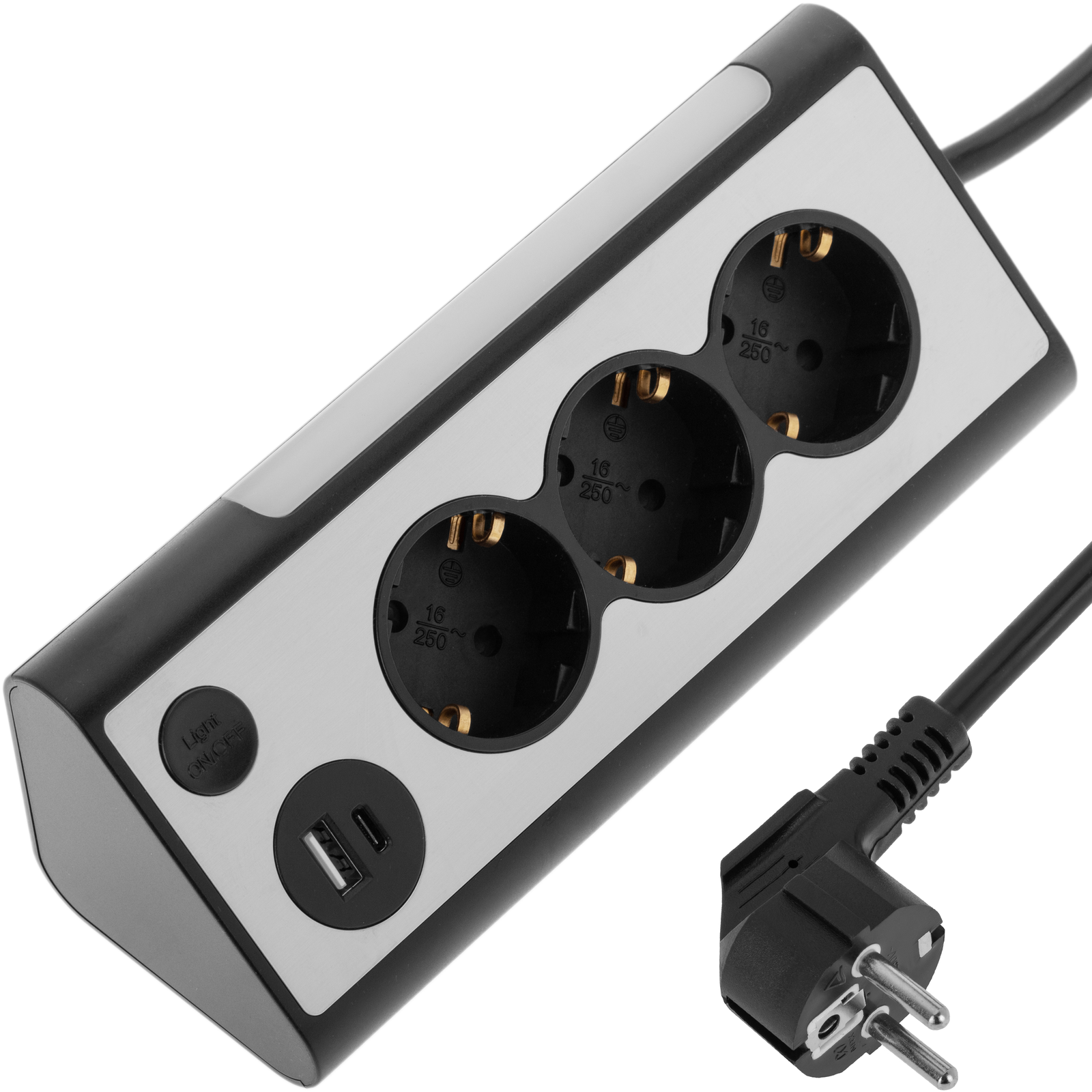 Regleta Sobremesa De 3 Enchufes Schuko Con 1 Puerto Usb Y 1 Usb-c Negro_0