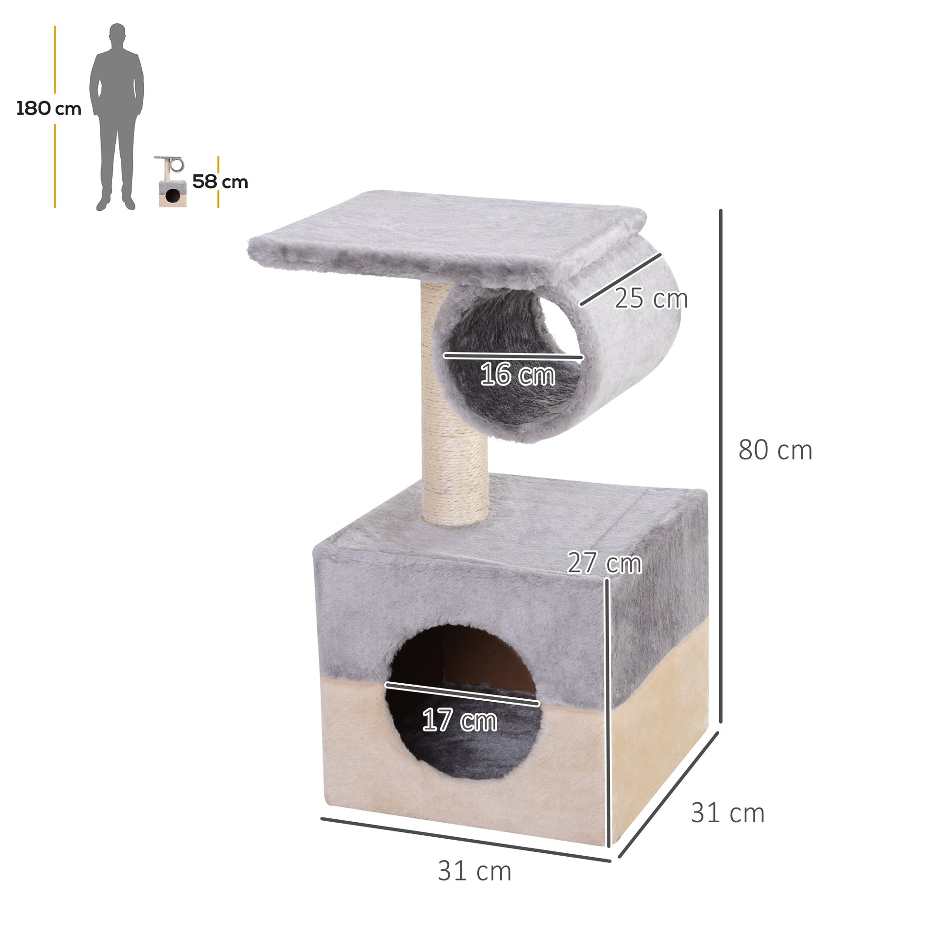 Pawhut Rascador Árbol Para Gatos 31x31x58 Cm Con Poste Central Cama De Felpa_2