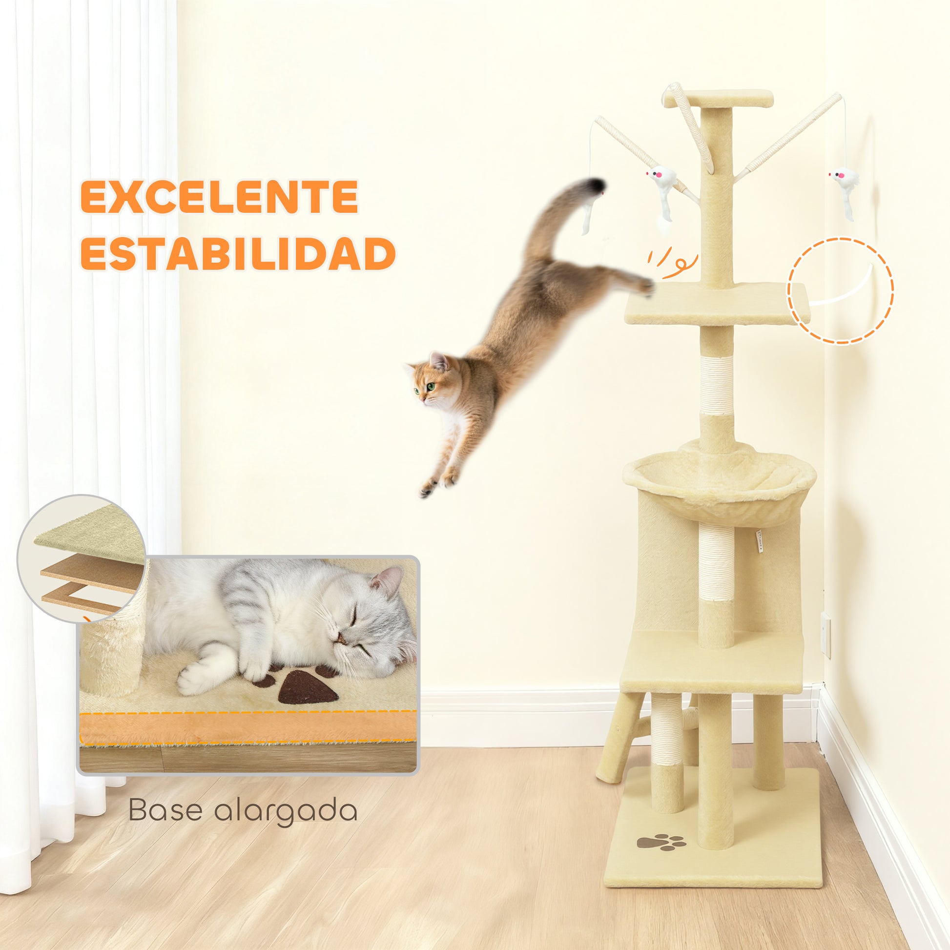 Pawhut Árbol Para Gatos Rascador Grande 50x35x134,2 Cm Con Nidos Plataformas_5
