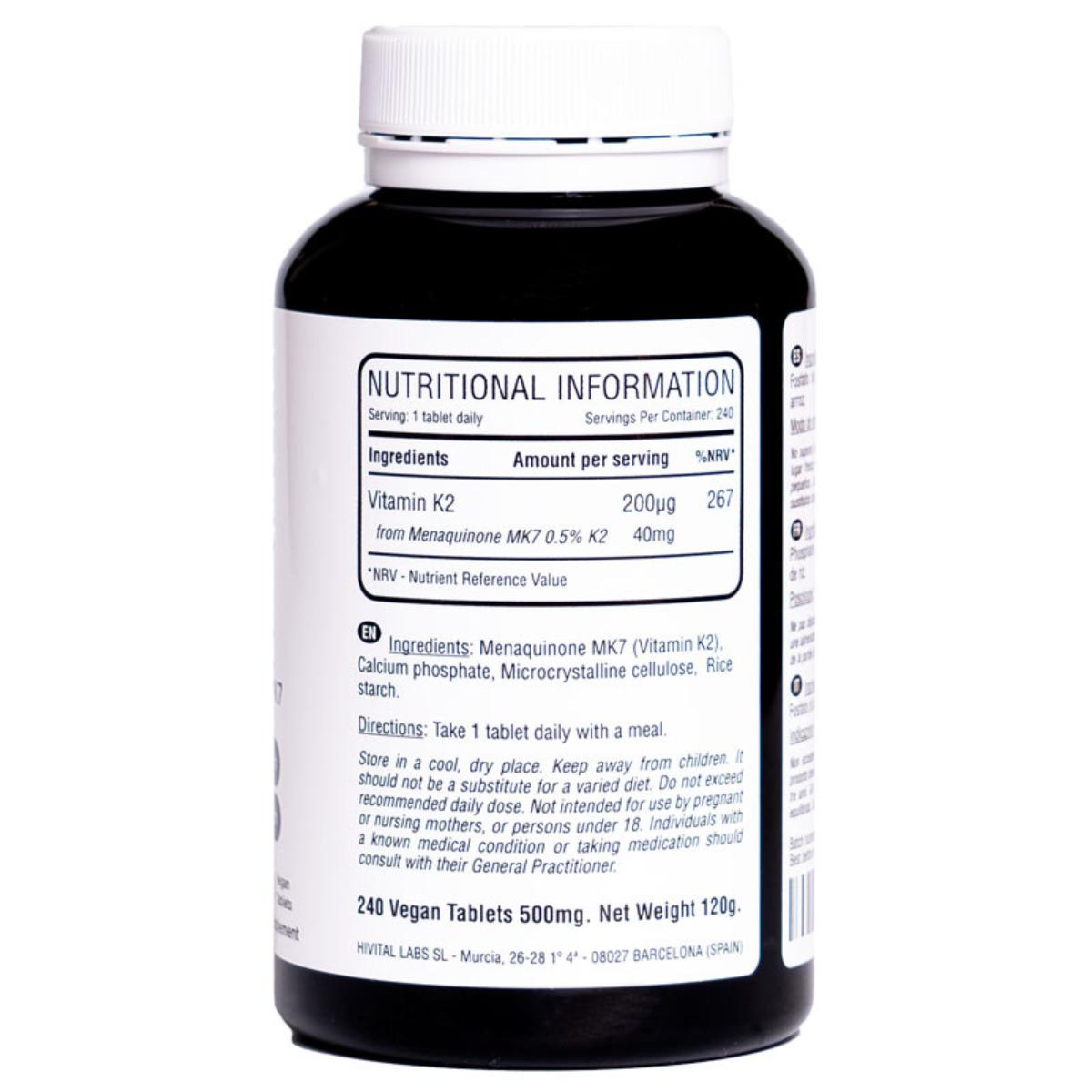 Vitamina K2 MK7 200 mcg 240 comprimidos vegan Hivital