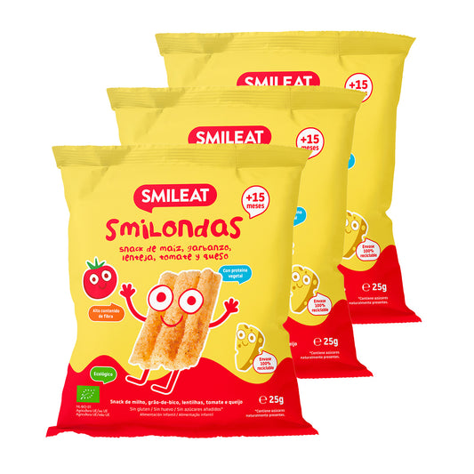 Pack de 3 Salgadinhos Smilondas com Milho, Grão de Bico, Lentilha, Tomate e Queijo Biológico, Smileat, 25 g