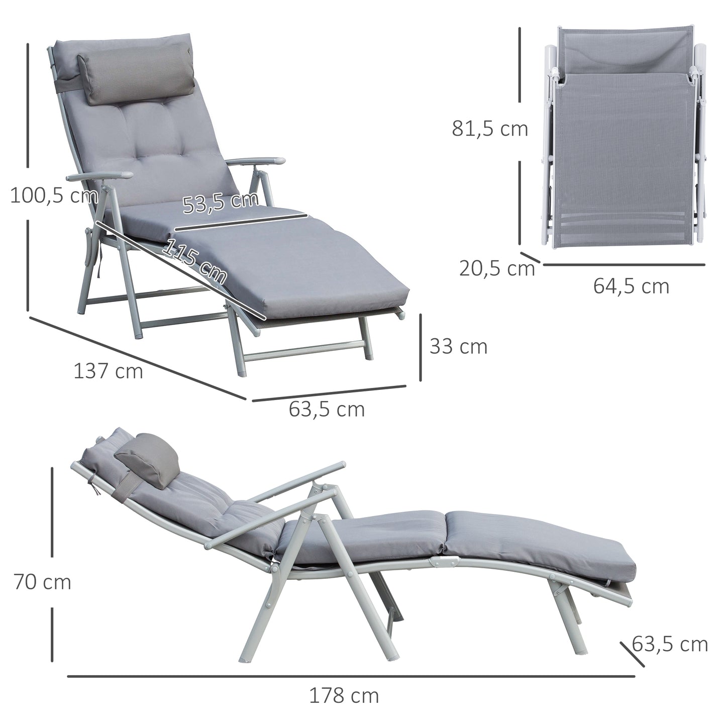 Outsunny Tumbona Plegable De Jardín Con Respaldo Ajustable En 7 Posiciones Gris_2
