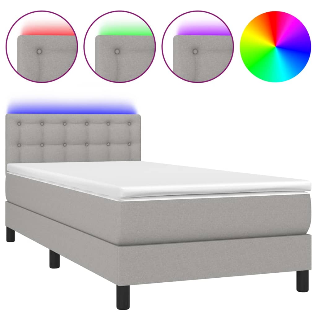 Cama Box Spring Colchón Y Luces Led Tela Gris Claro 90x200 Cm / Vetonek_0