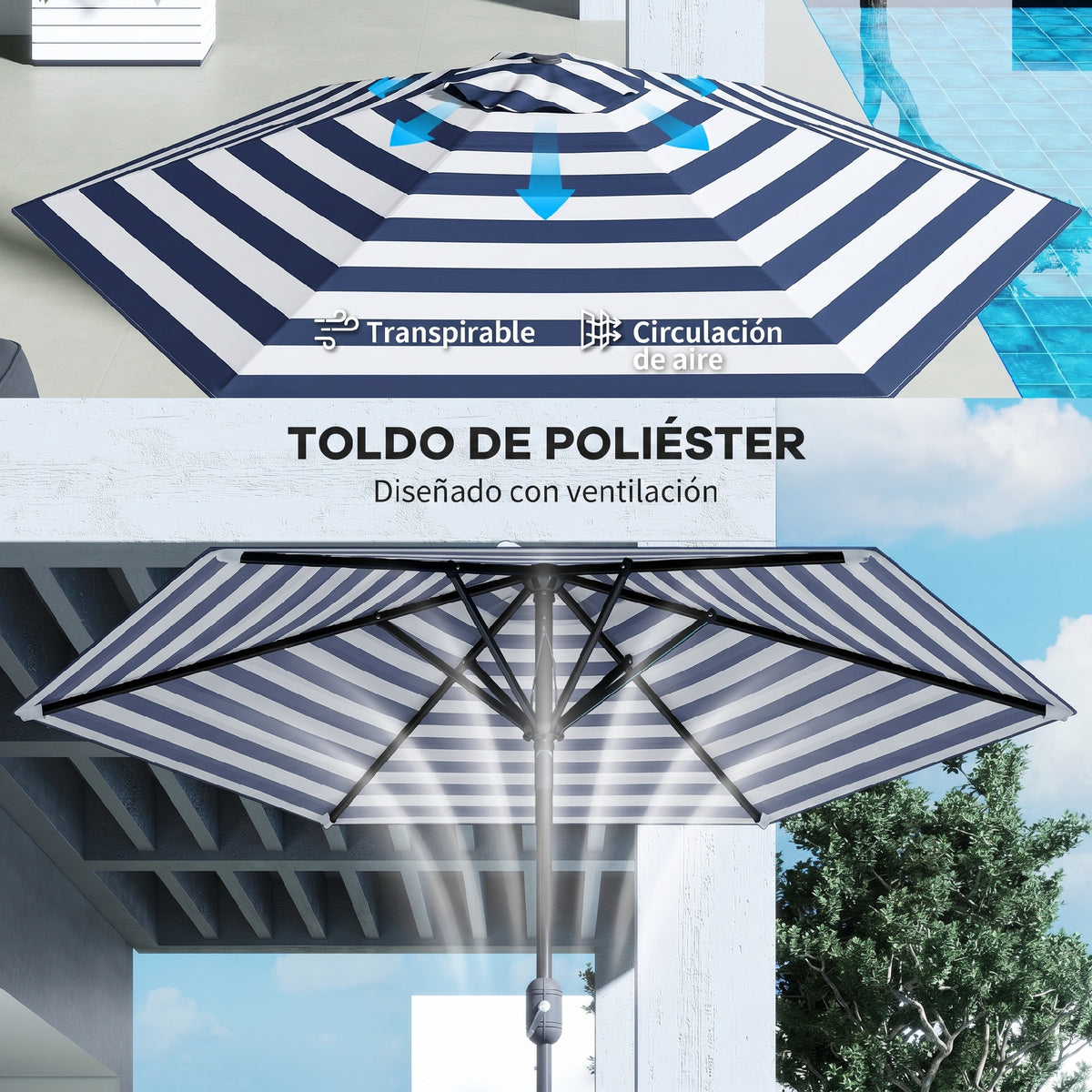 Outsunny Sombrilla Terraza Exterior Ø230 Cm Con Ángulo Ajustable Azul Y Blanco_5