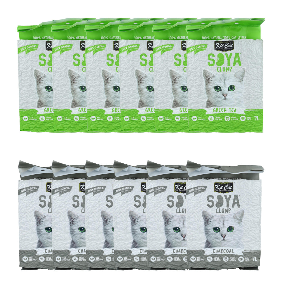 Kit Cat SoyaClump Pack Ahorro Control Olores 12 - (6 Green Tea - 6 Charcoal) 7 L Arena Vegetal para gatos