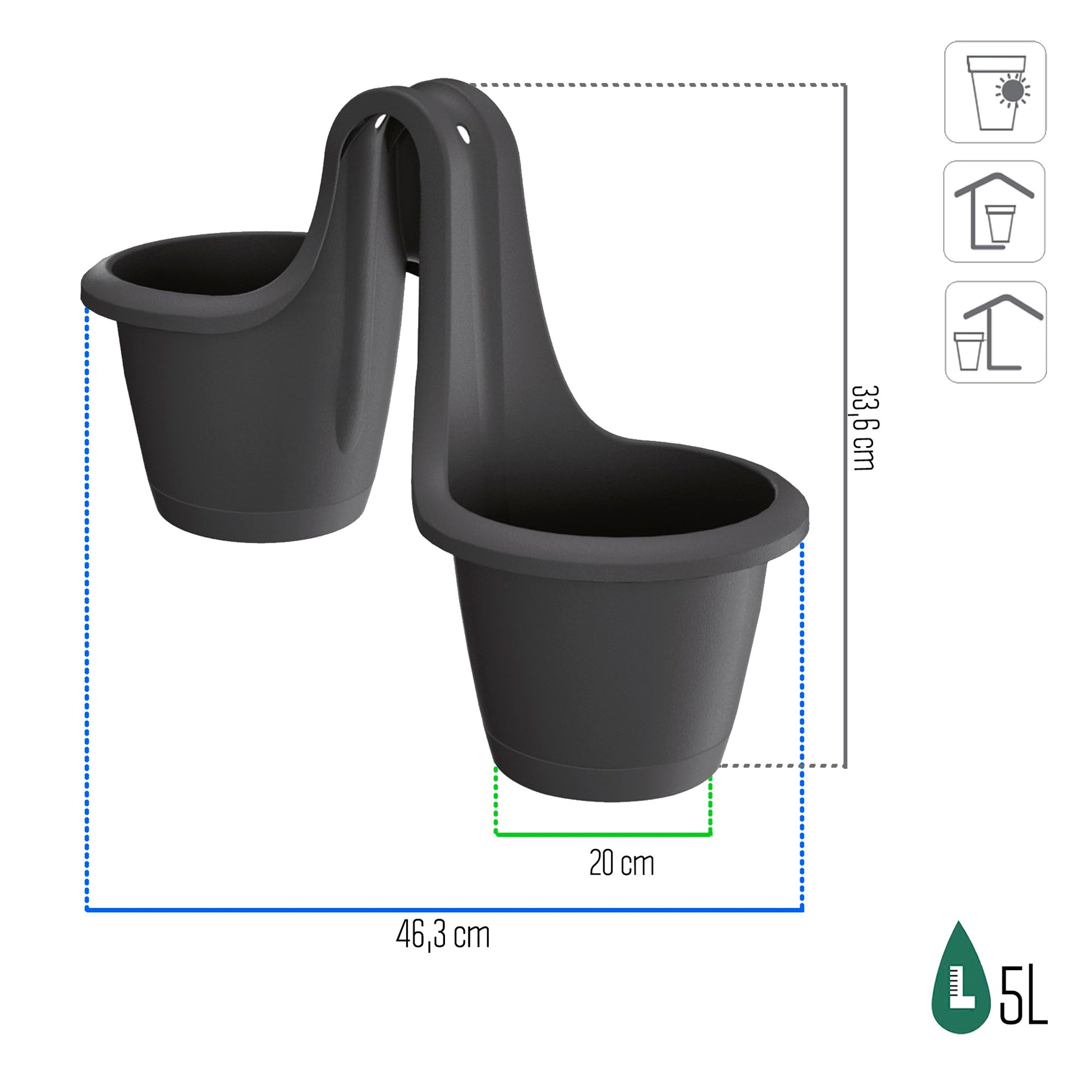 Maceta Respana Railing 13l., Dimensiones (mm) 398x298x209, Color Antracita