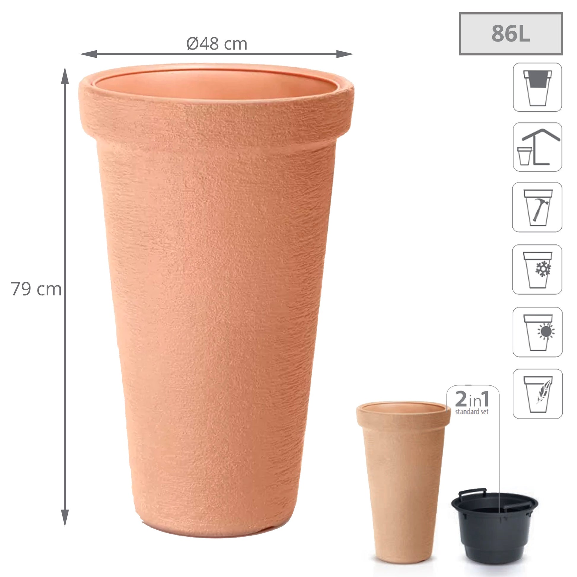 Maceta Classic Tower 86l., Con Depósito, Dimensiones (mm) 480x480x790, Color Ladrillo