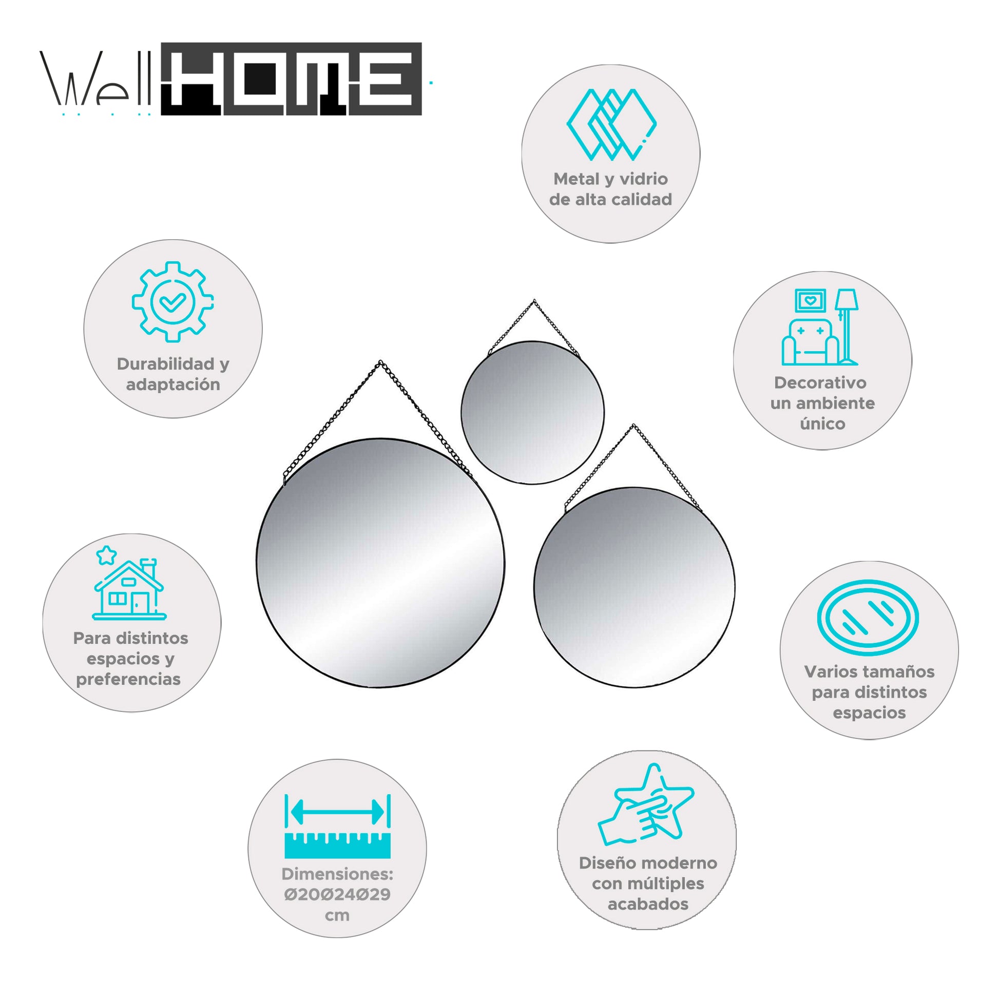 Well Home - Conjunto De 3 Espejos Redondos Decorativos De Metal Ø20ø24ø29cm_1