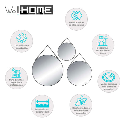 Well Home - Conjunto De 3 Espejos Redondos Decorativos De Metal Ø20ø24ø29cm_1