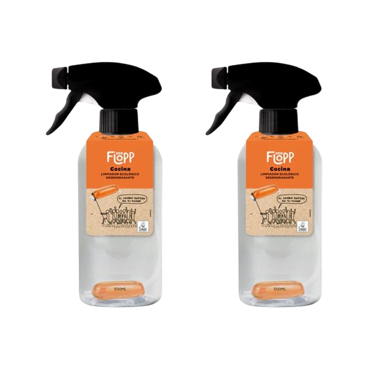 Embalagem com 2 frascos de desengordurante ECO + 1 cápsula Flopp de 500ml
