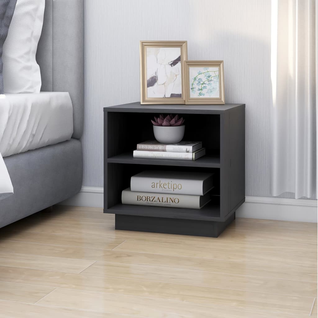 Mesita De Noche De Madera Maciza De Pino Gris 40x34x40 Cm_1