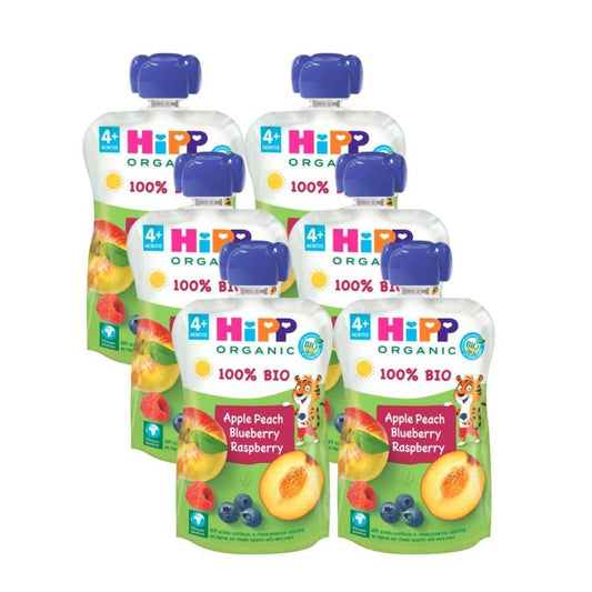 Pack de 6 saquetas biológicas de pêssego, maçã e frutos vermelhos para bebé a partir dos 4 meses HiPP 100 g 
