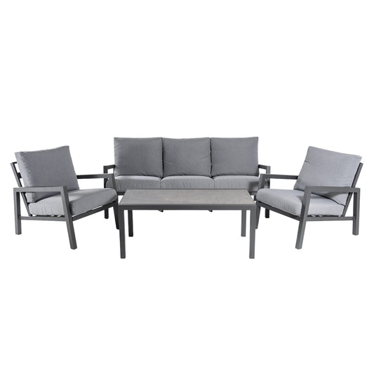Conjunto Sofás Jardín, Aluminio Reforzado Color Antracita, Sofá 3 Plazas + 2 Sillones + Mesita Café, 5 Plazas, Cojines Color Gris_0