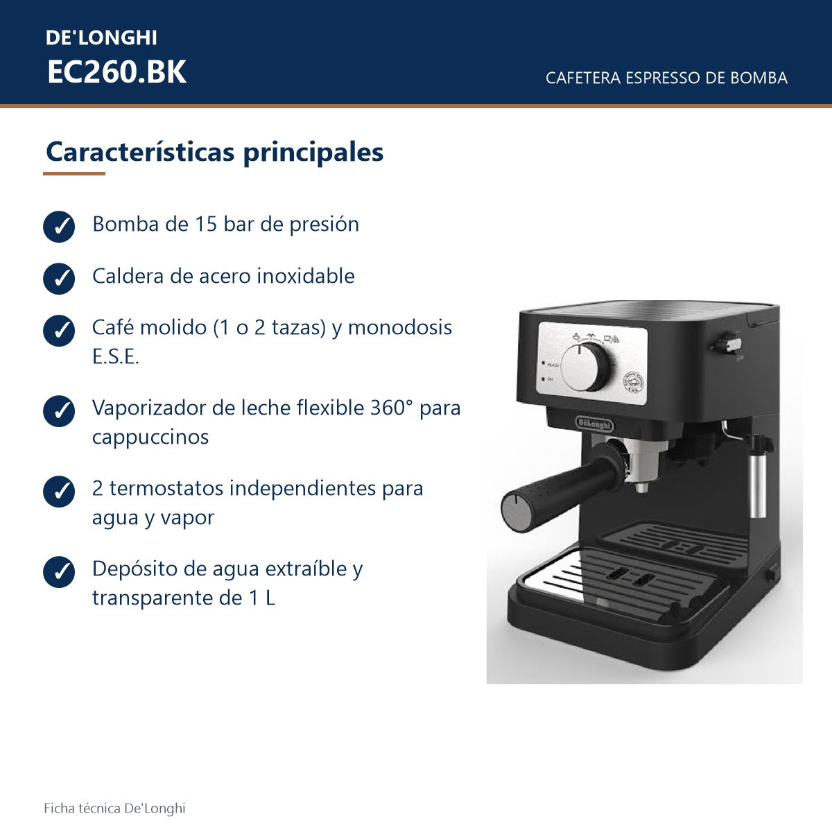 Cafetera Espresso Semiautomática EC260.BK De'Longhi