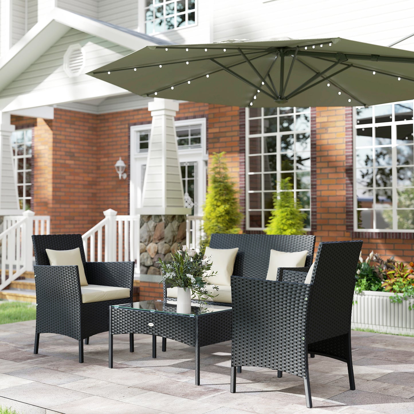 Outsunny Conjunto De Jardín De Ratán Sintético De 4 Piezas Negro Y Crema_3