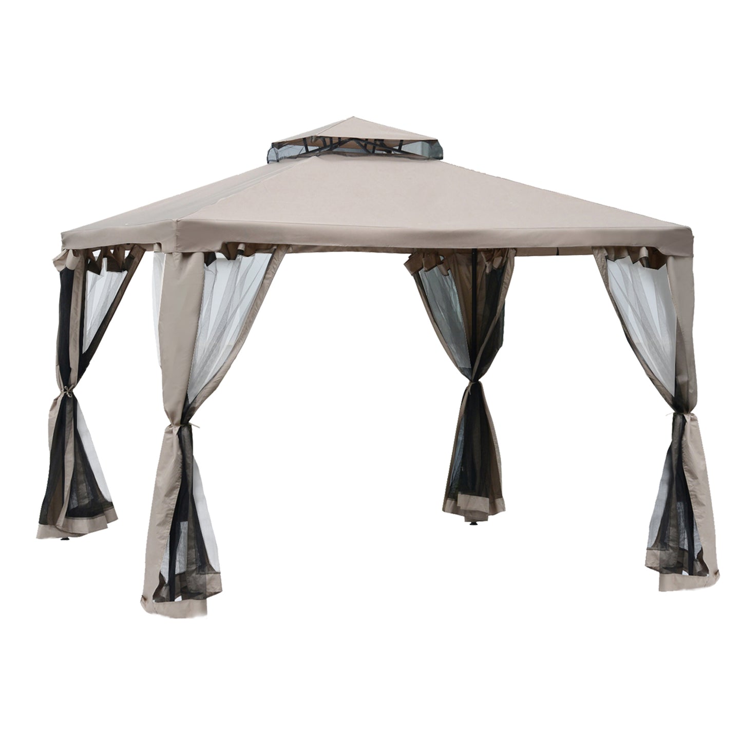 Outsunny Cenador De Jardín 3x3m Con Doble Techo 4 Cortinas Mosquiteras Marrón_0