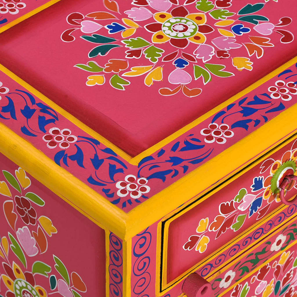 Mesita De Noche De Madera Maciza De Mango Rosa Pintada A Mano_3