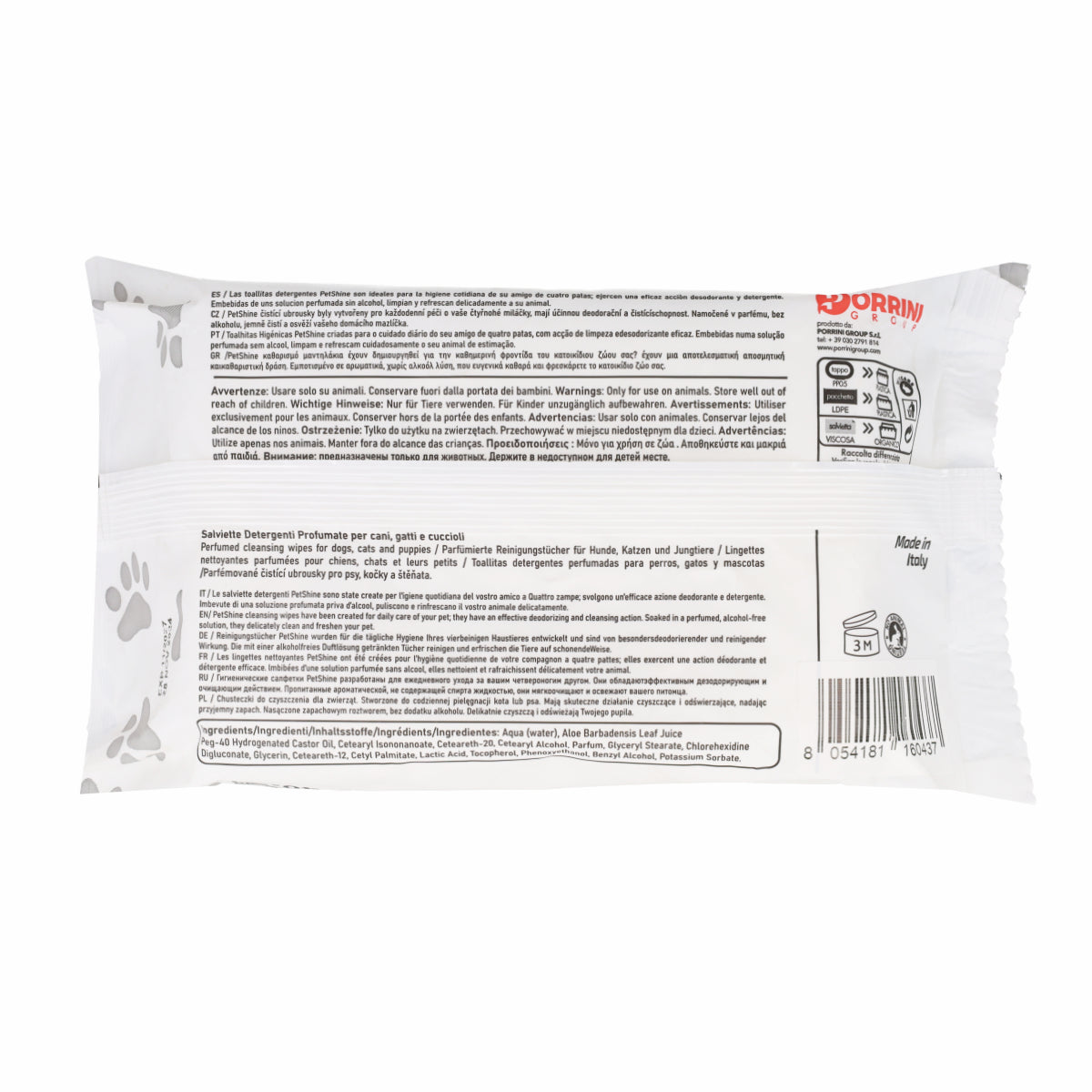 Porrini Toallitas Higiene Perro/Gato, Agua Fresca, 40 uds