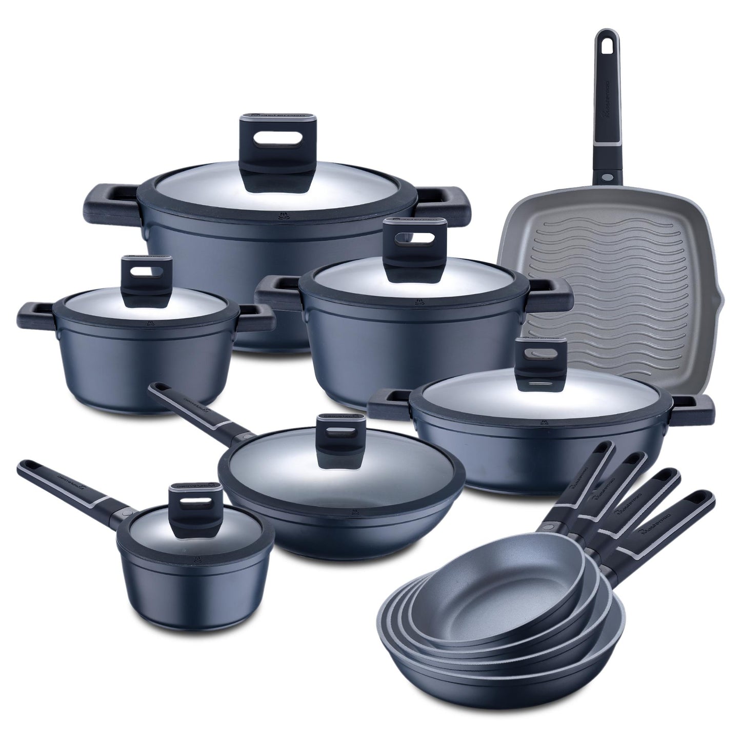 Batería de Cocina 17 Pzs Índigo Aluminio Fundido con Sartenes, Wok, Parrilla y Tapas_0