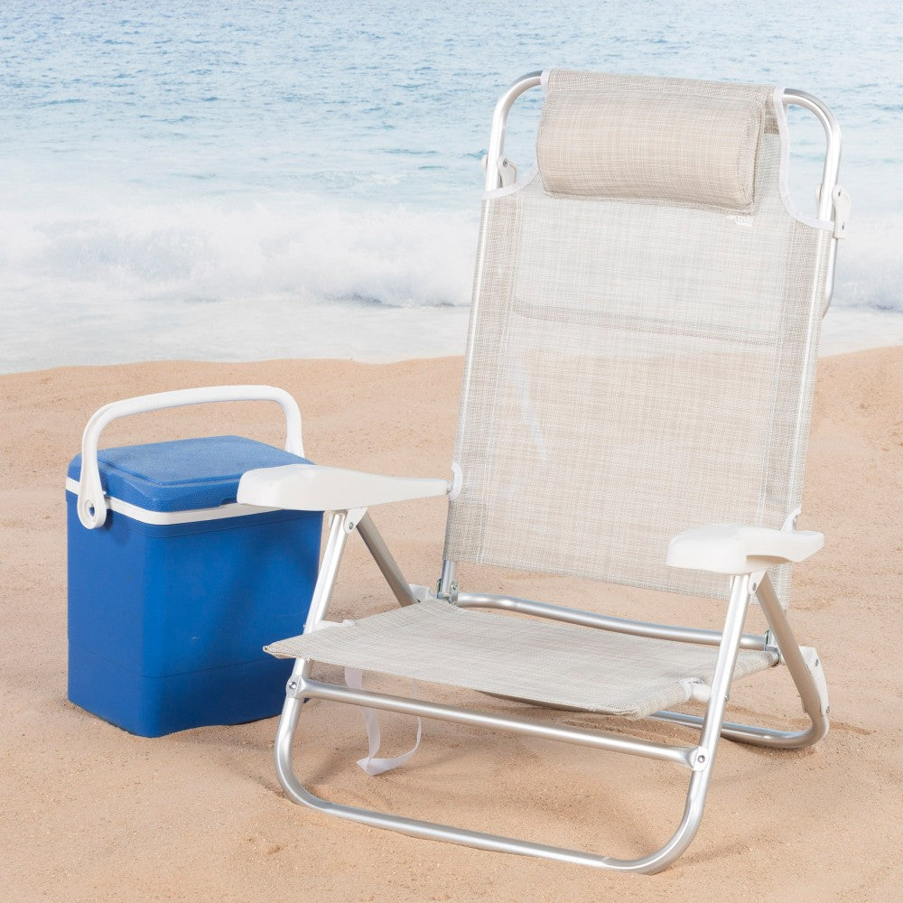 Aktive Silla De Playa Plegable Y Reclinable 7 Posiciones Beige C/cojín Y Asas Mano_1
