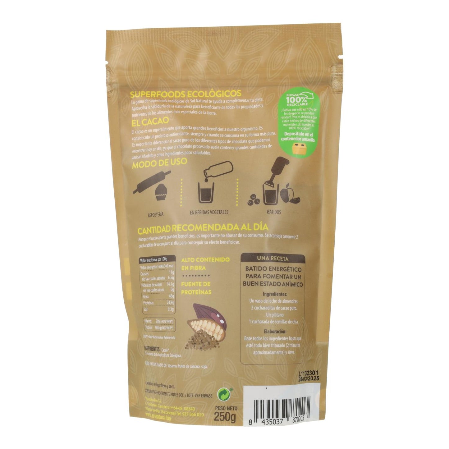 Cacau em pó biológico Sol Natural 250 g