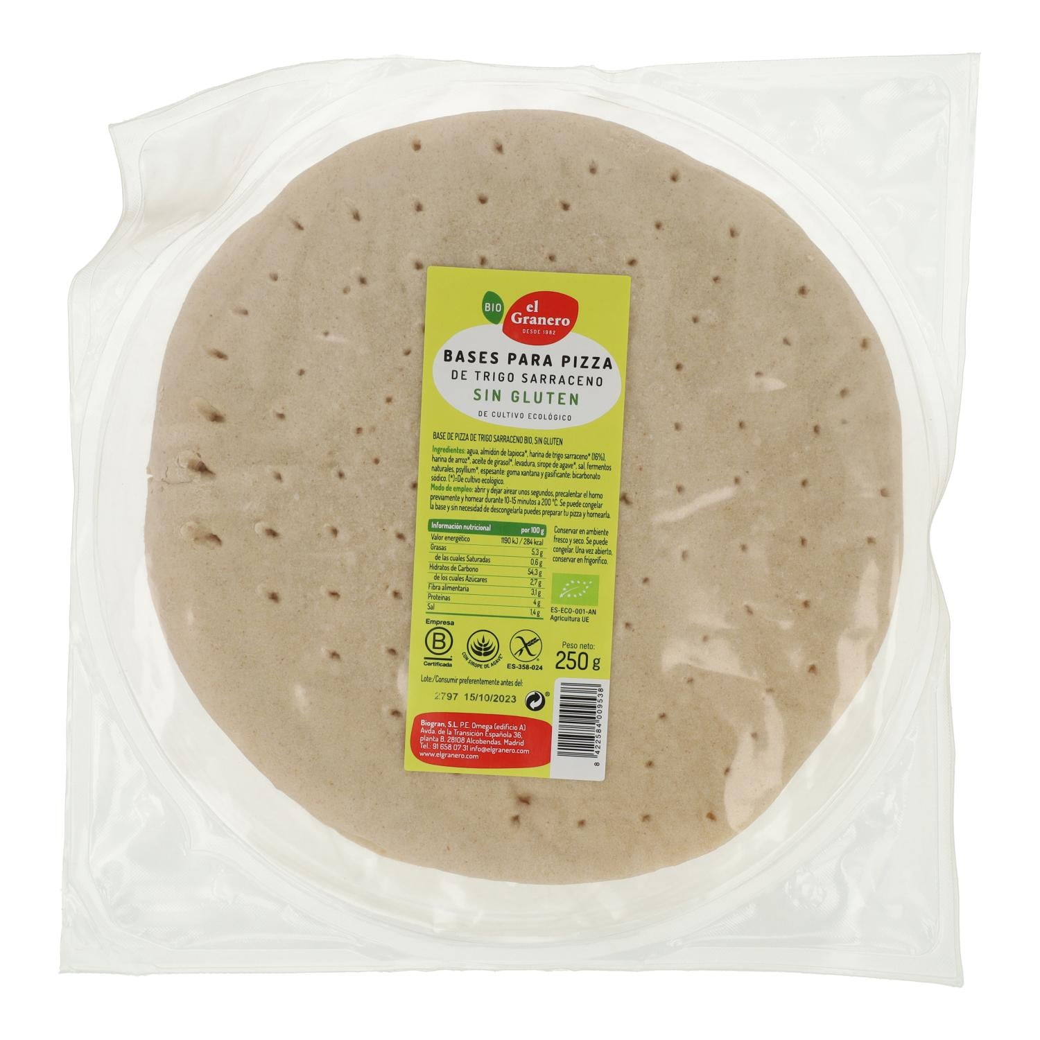 Base para pizza de trigo sarraceno biológico sem glúten El Granero, 2 unidades de 250 g