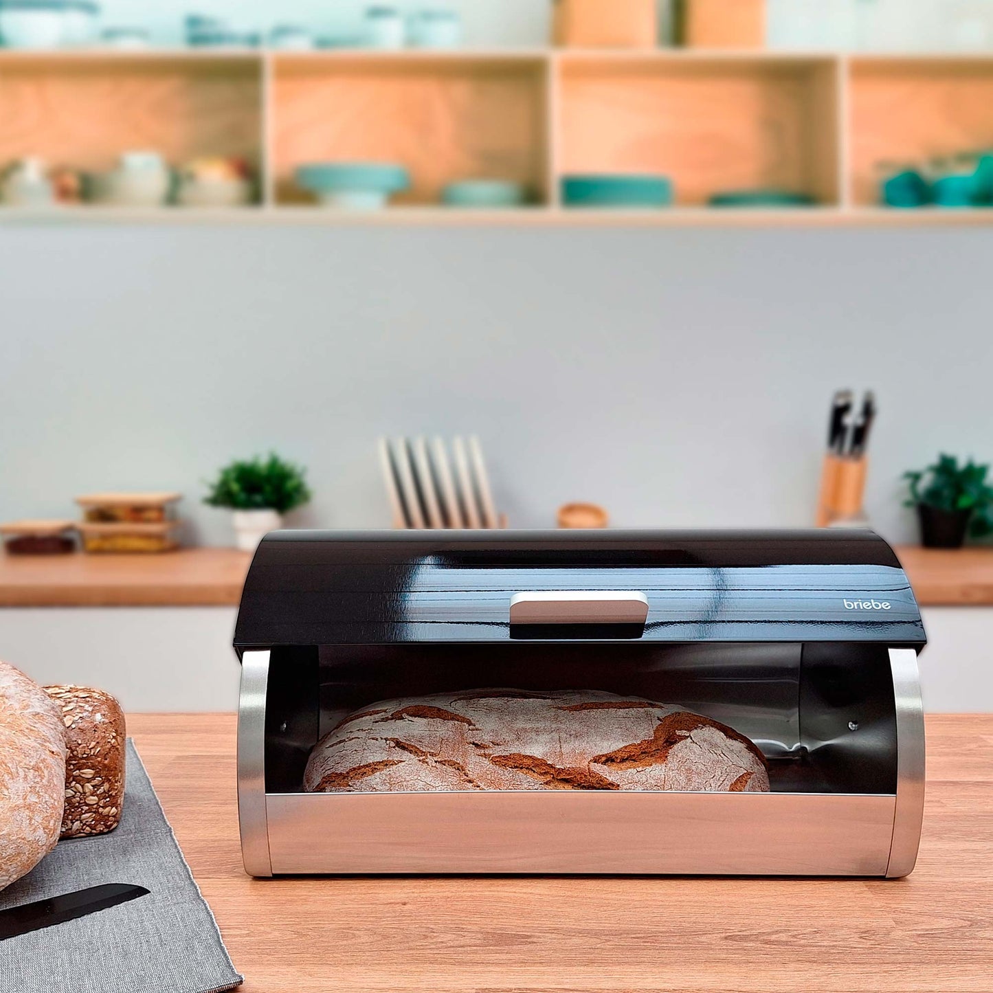 Panera De Mesa +juego 3 Botes Cocina Almacenaje Acero Inoxidable Contenedor De Pan Con Tapa, Briebe, Bb1161, Negro/inox_3