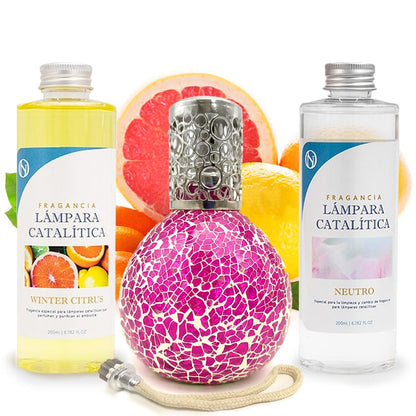 Pack Ahorro Lámpara Catalítica Mosaico Fucsia + Fragancia Winter Citrus 500ml + Limpiador Neutro 200ml + Mecha Repuesto_0