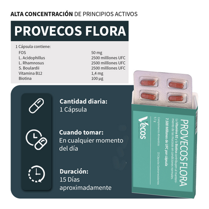 Provecos Flora VECOS (15 cápsulas) | Regenera flora intestinal | 3 cepas + FOS | Con Biotina + Vitamina B2_2