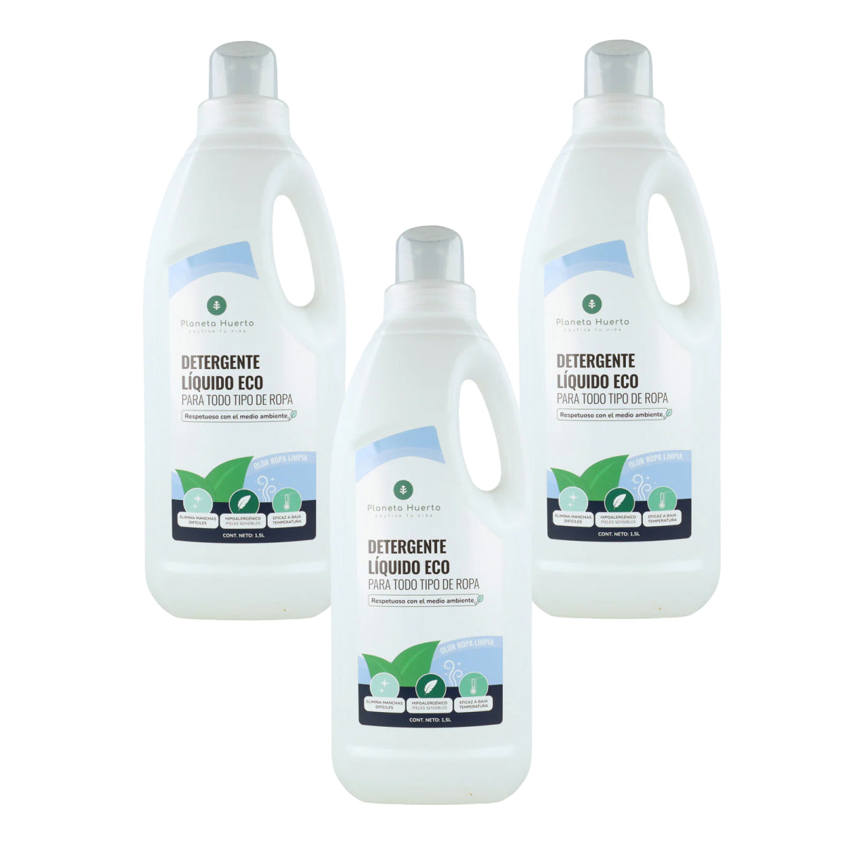 Pack de 3 Detergentes Líquidos para Roupa ECO com aroma natural de roupa lavada, Planeta Huerto, 1,5 litros