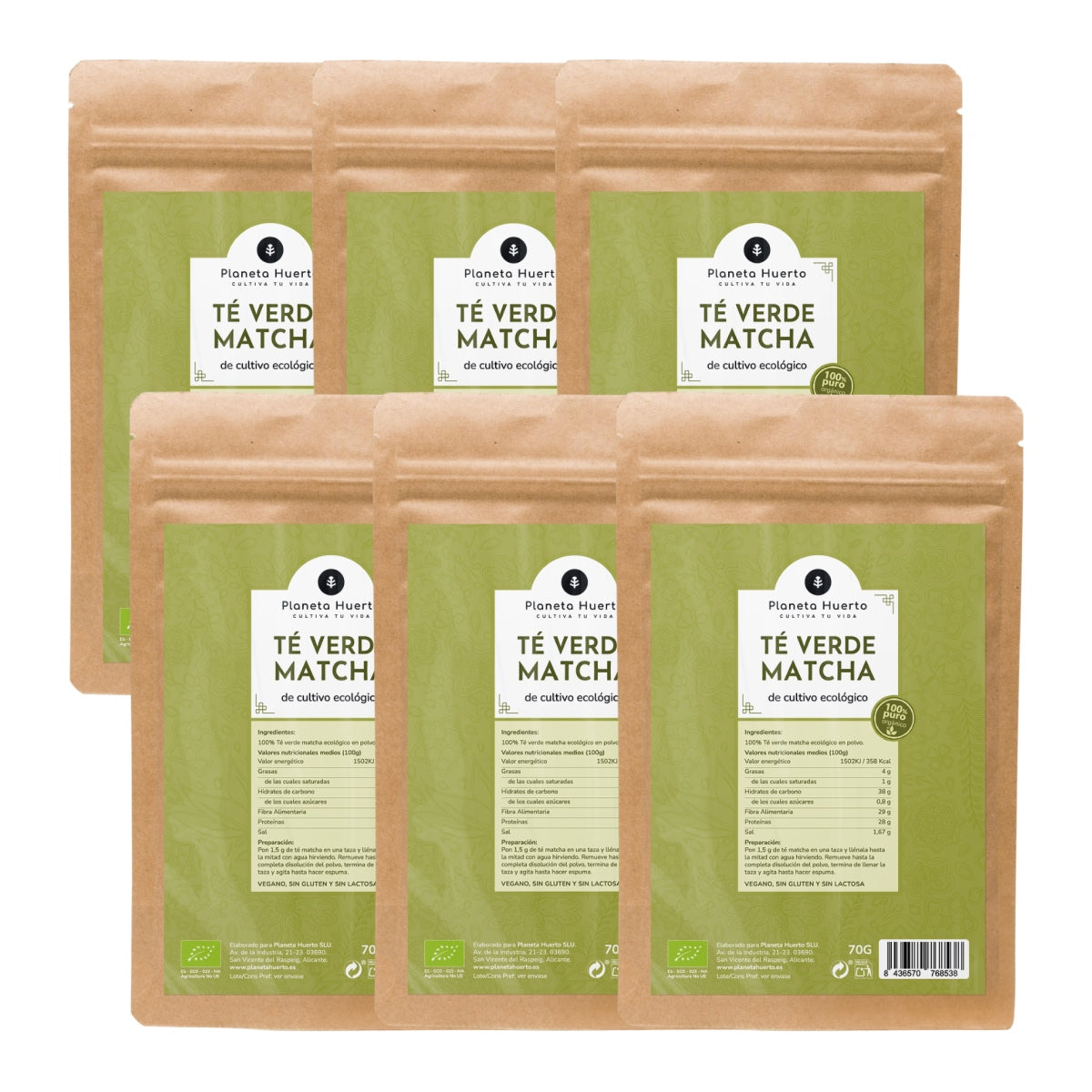 Pack de 6 Chás Matcha em Pó ECO Planeta Huerto 70 g