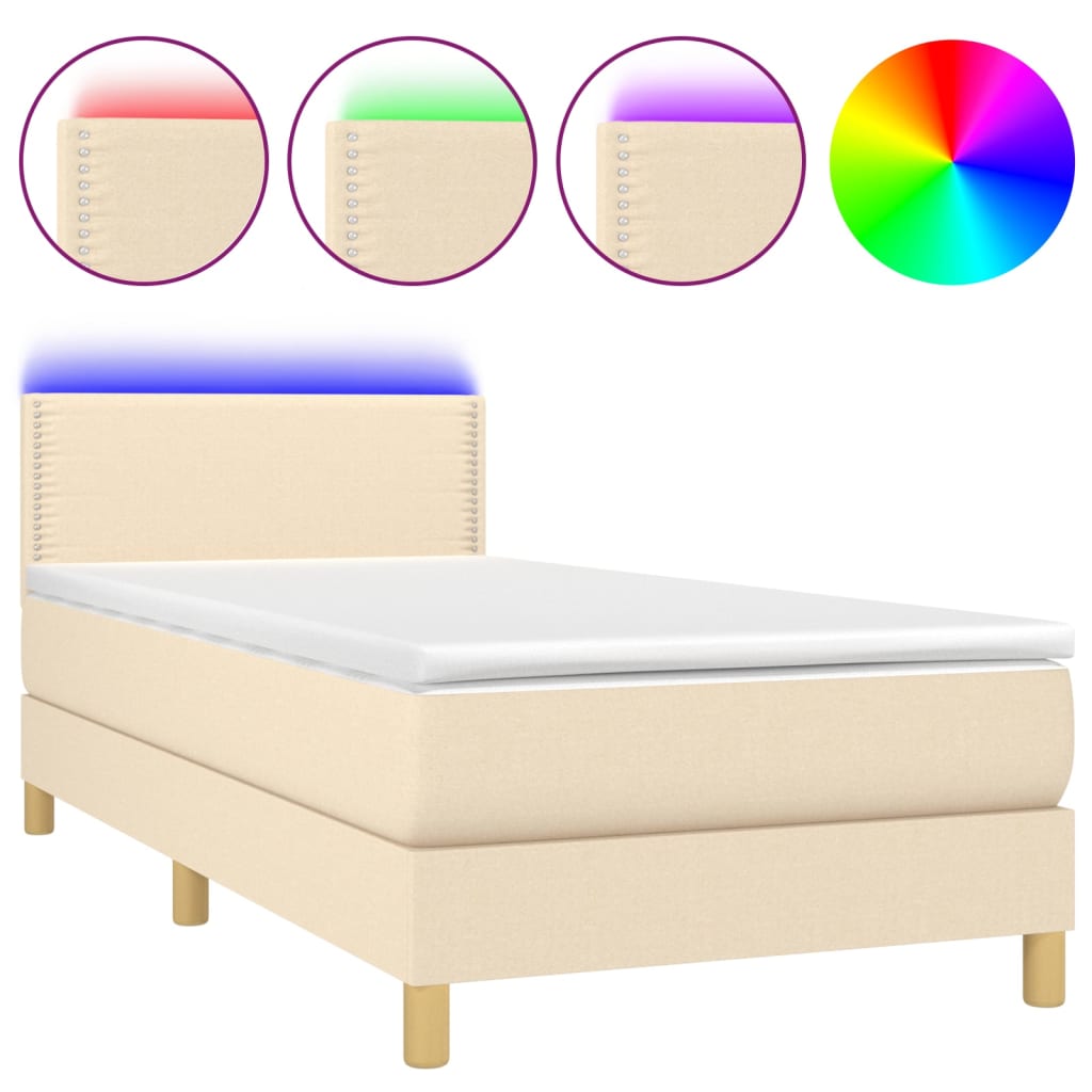Cama Box Spring Con Colchón Y Led Tela Crema 100x200 Cm / Vetonek_4